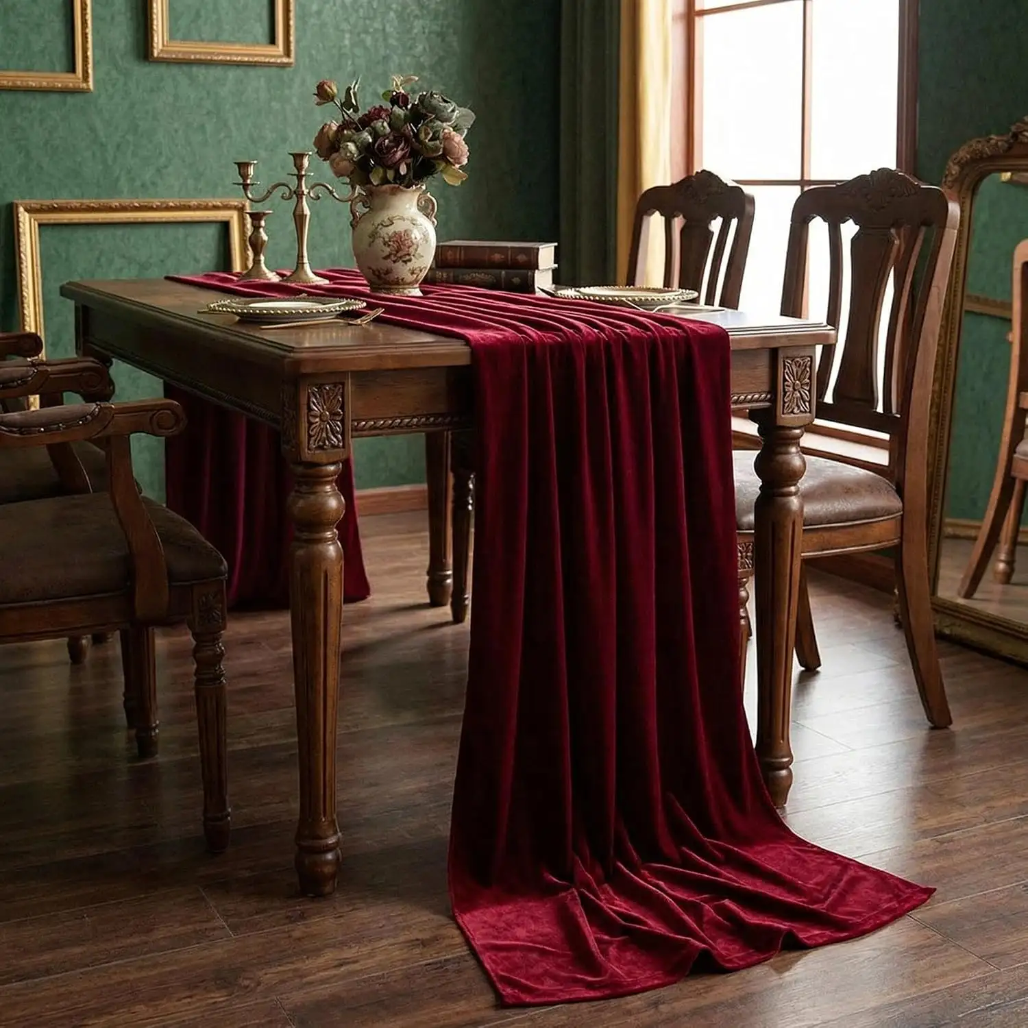Black Velvet Runner With Burgundy Florals