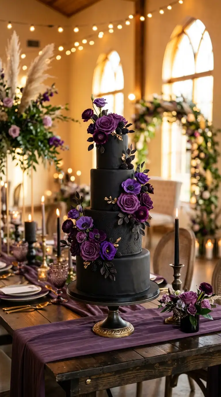 Black Wedding Cake Purple Flowers