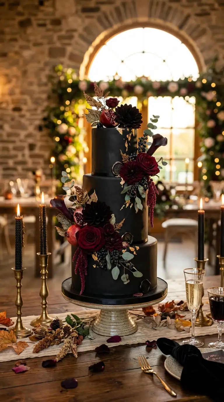 Black Wedding Cake With Florals