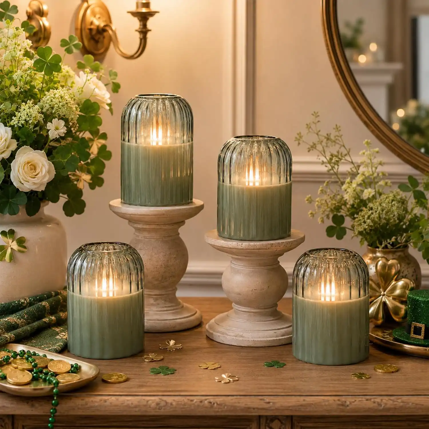 Layered Candle Heights With Greenery