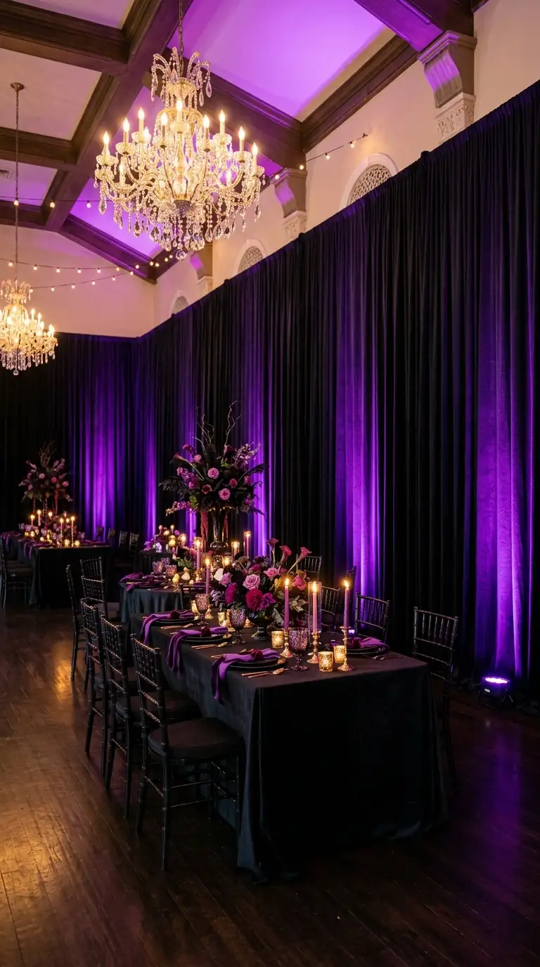 Purple Uplighting Against Black Drapes