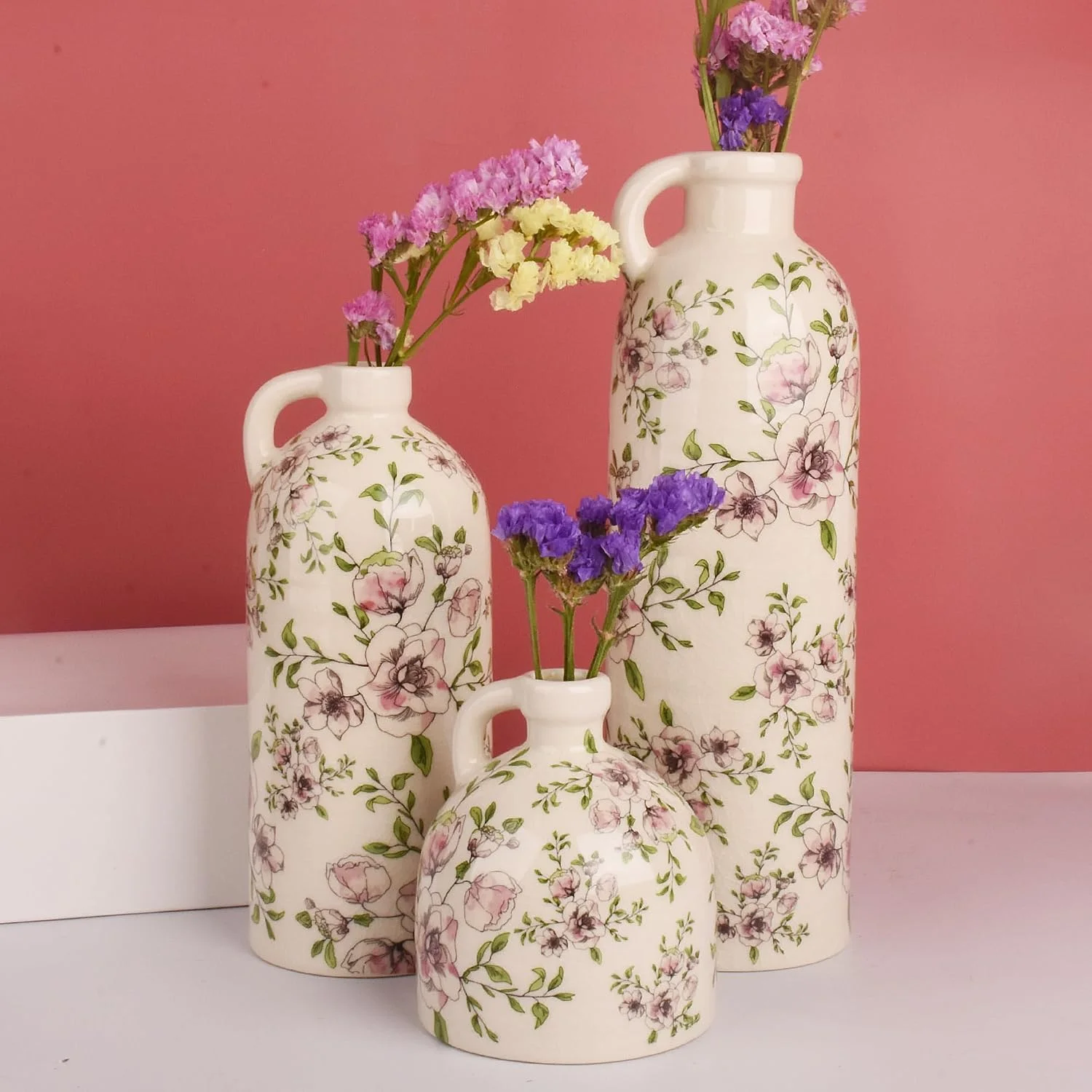 Vintage Floral Ceramic Bottle Vases