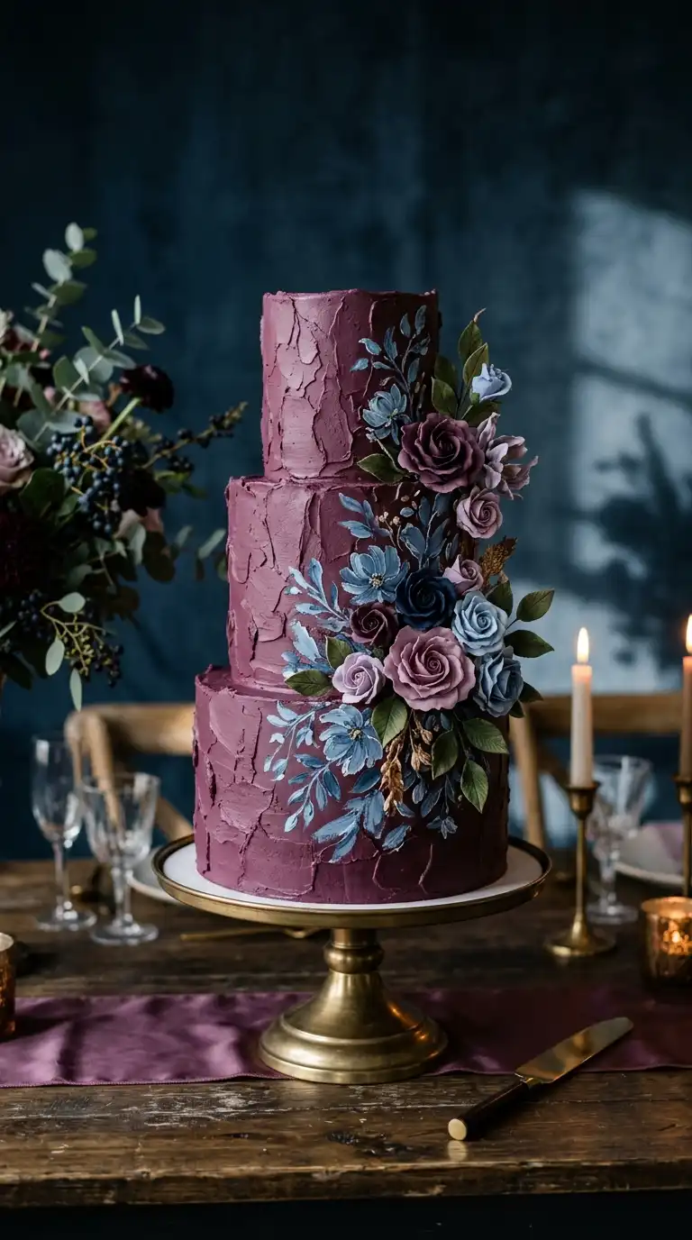 Blue Accents Plum Wedding Cake