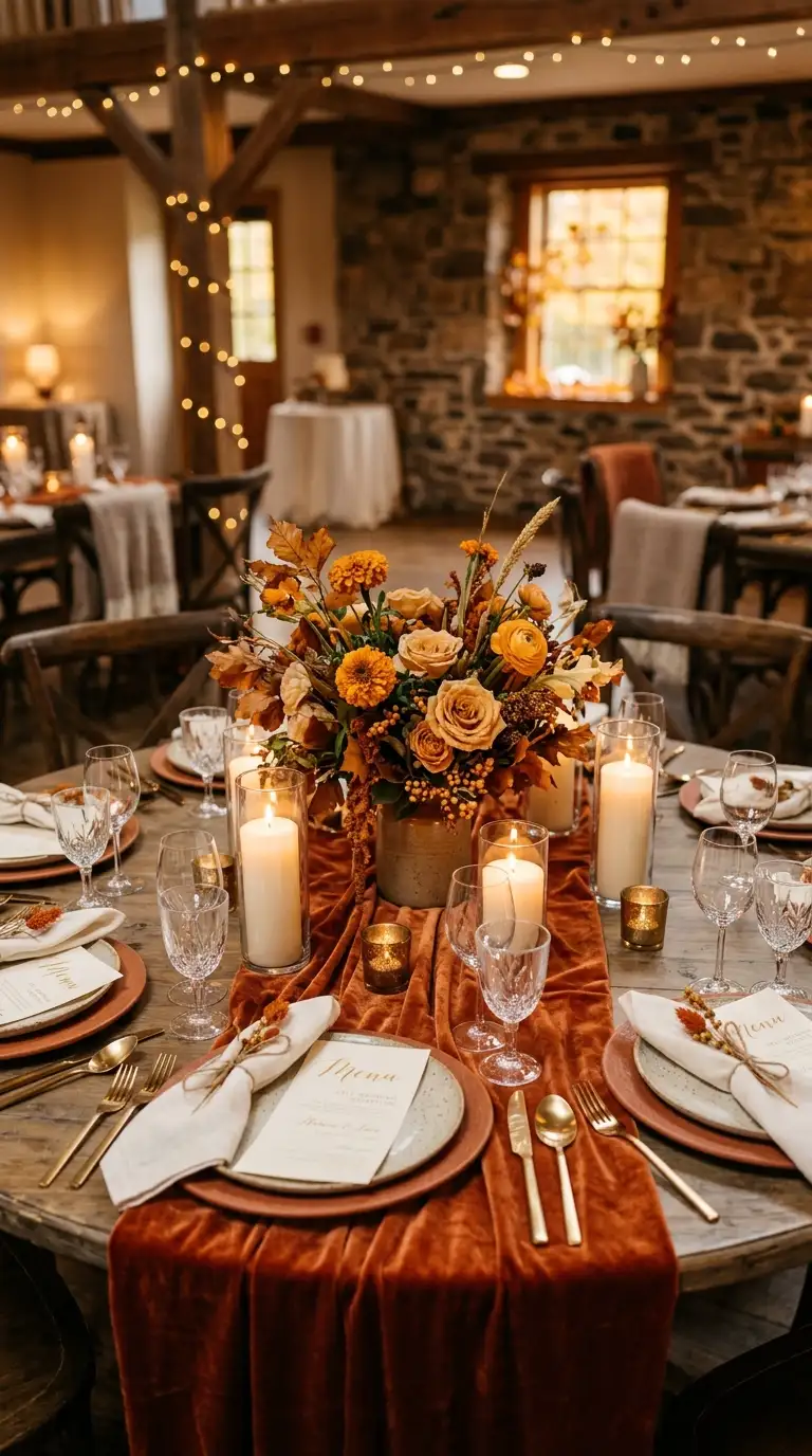 Burnt Orange Velvet Round Tablescape