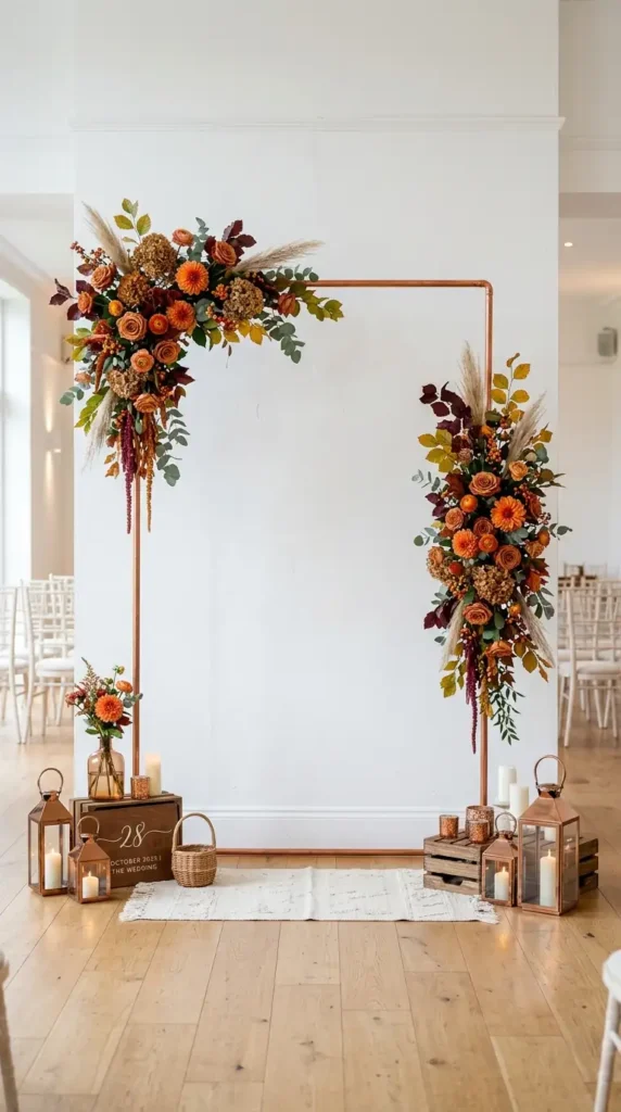 copper accented wedding backdrop