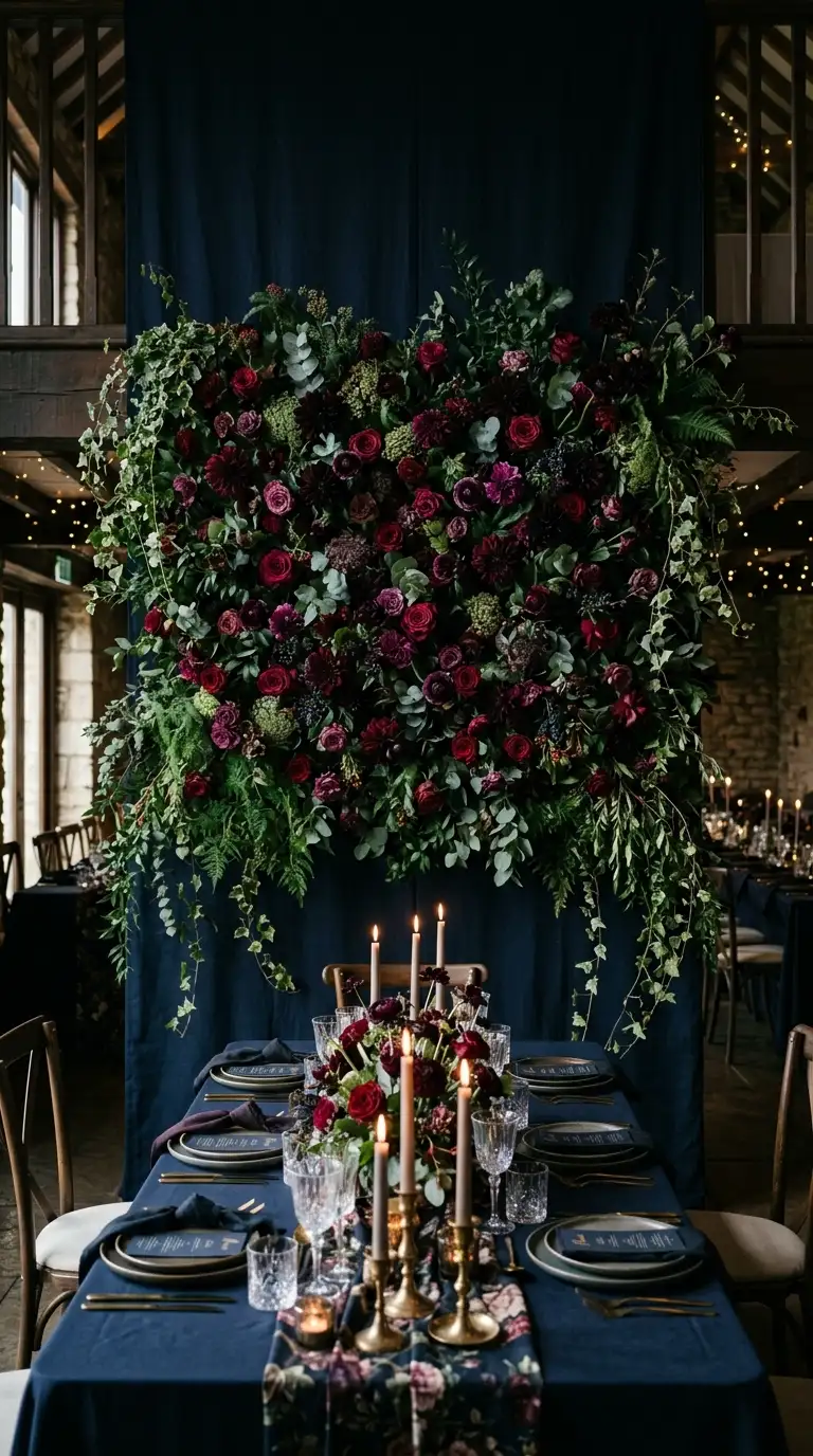 Dark Floral Reception Backdrop Installation