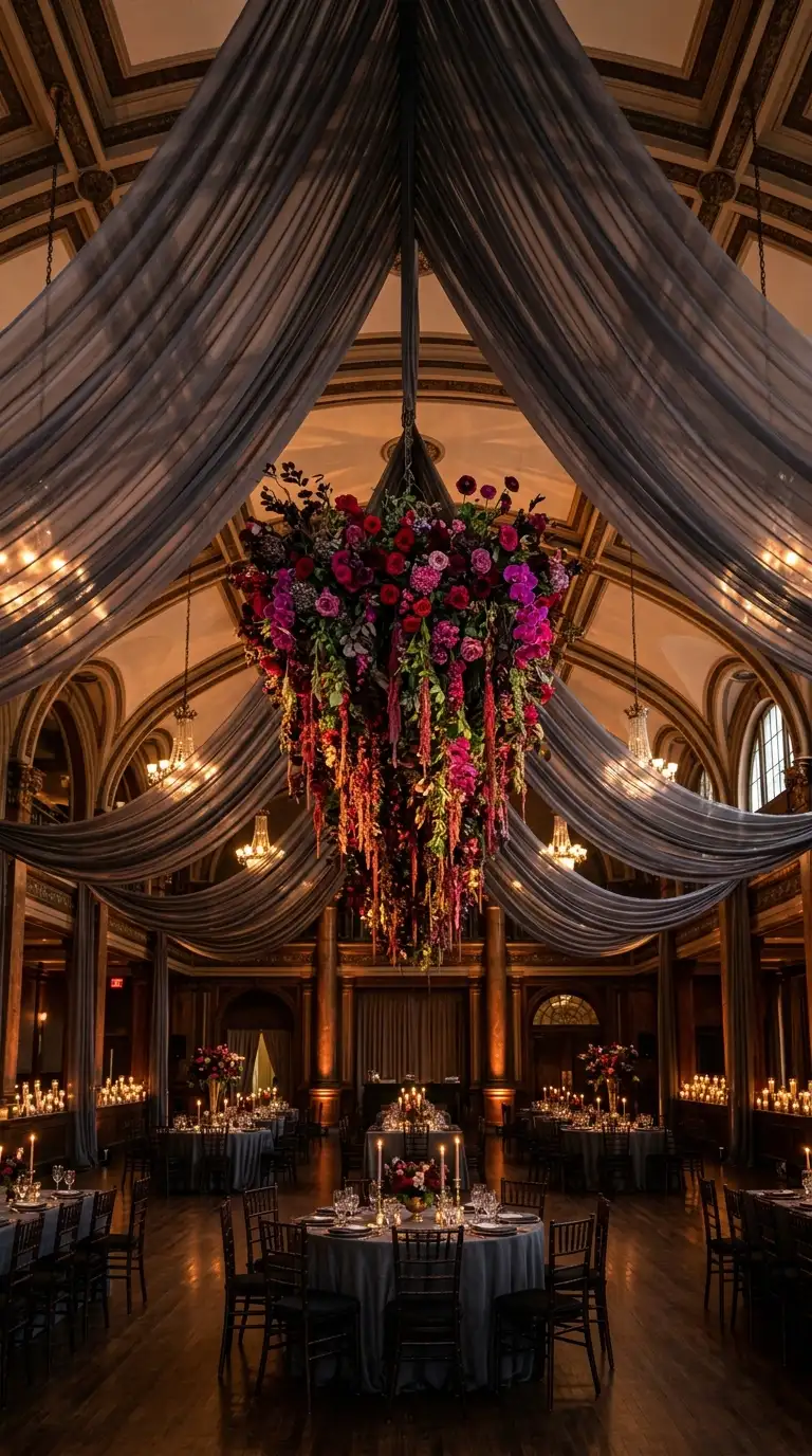 Dramatic Ceiling Draping With Florals