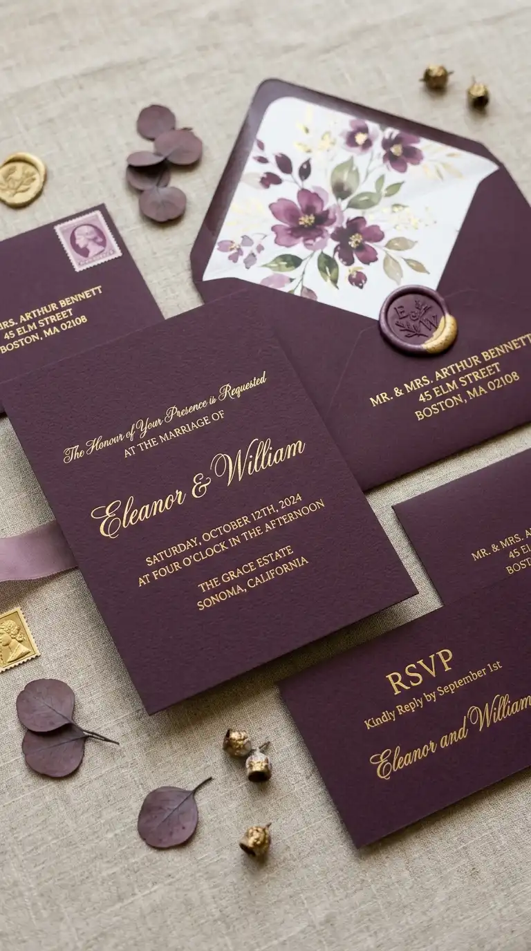 Gold Plum Wedding Invitation Suite