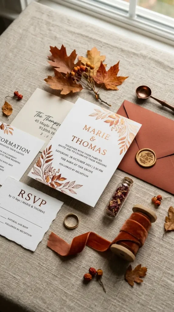 golden leaf wedding stationery