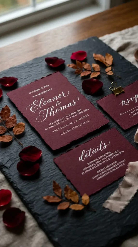 moody burgundy wedding invitations