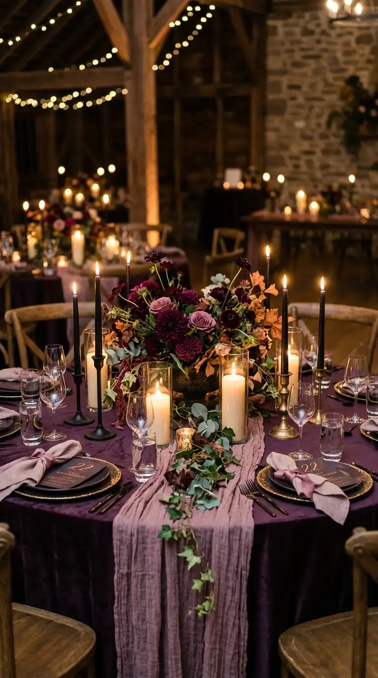 Moody Plum Candlelit Reception Table