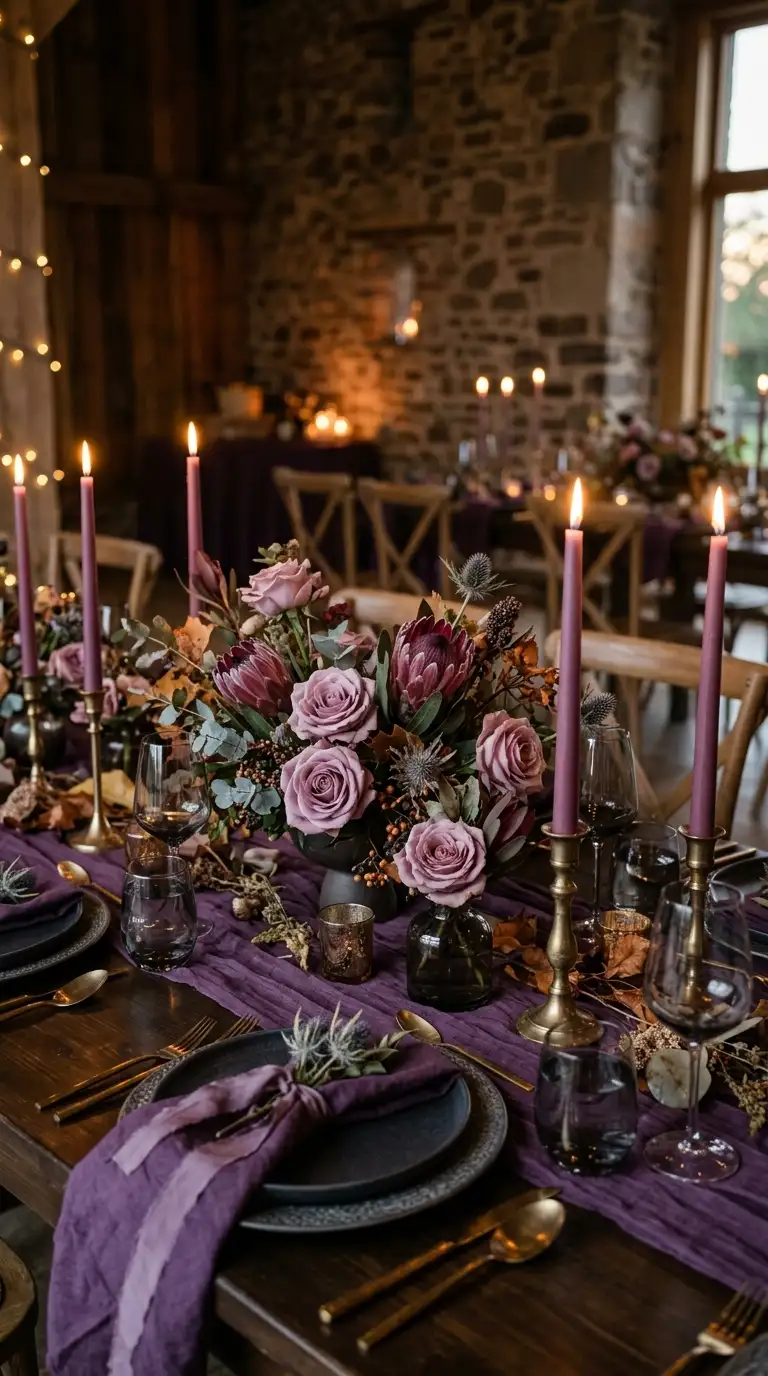 Moody Plum Wedding Table Setting