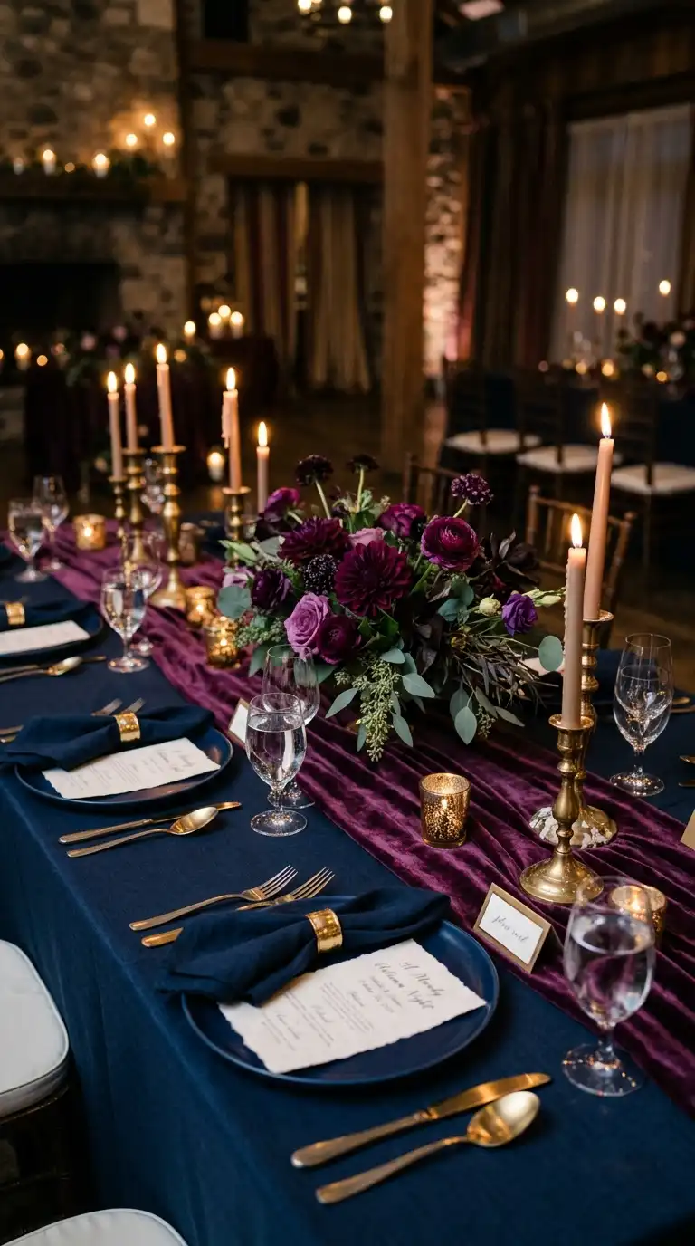 Plum Blue Velvet Wedding Tablescape