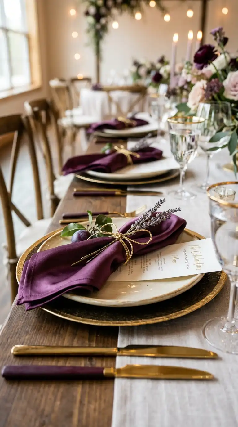 Plum Silk Wedding Napkin Details