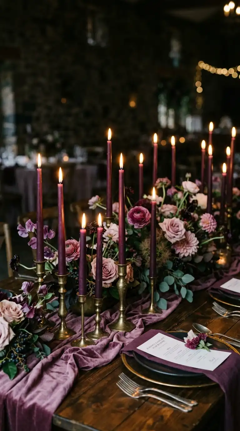 Plum Taper Candles On Tables
