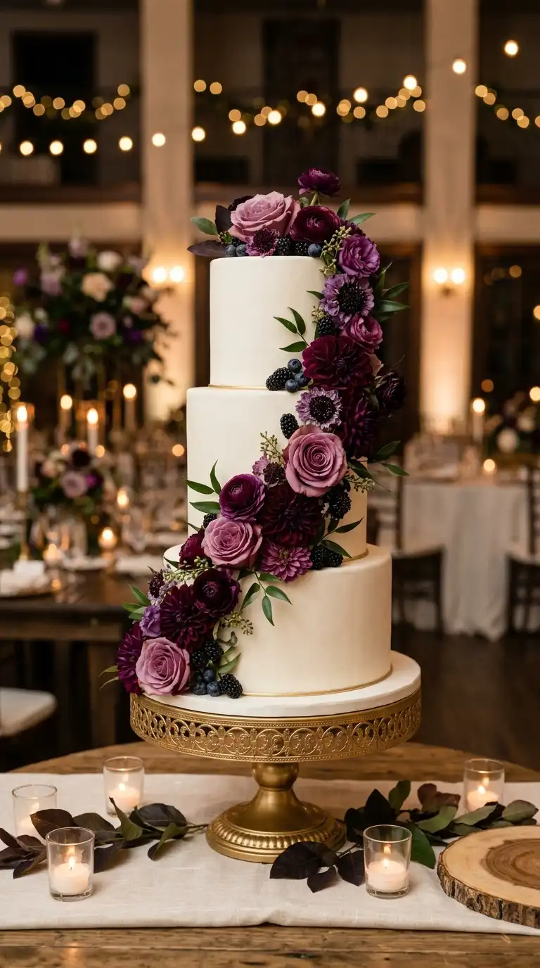 Plum Wedding Cake With Florals
