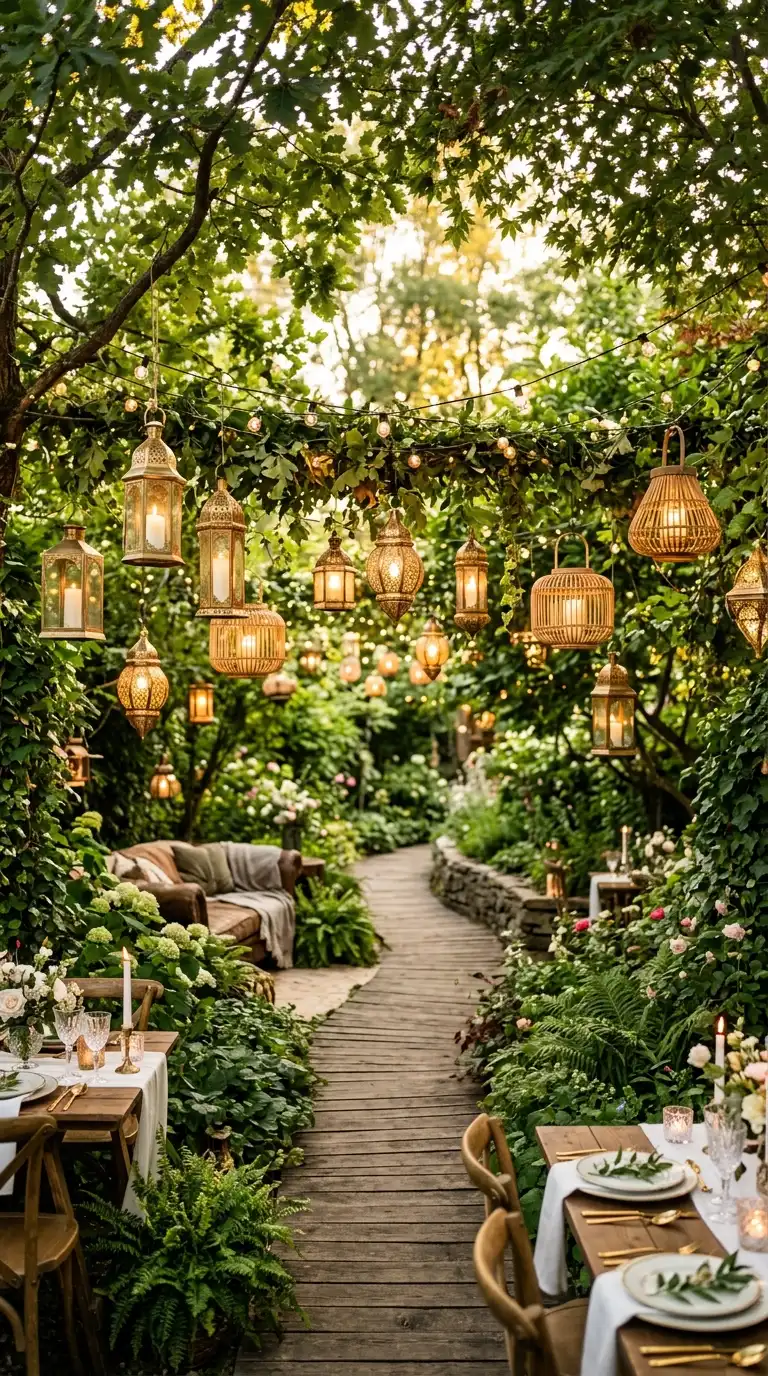Hanging Lanterns Among Greenery