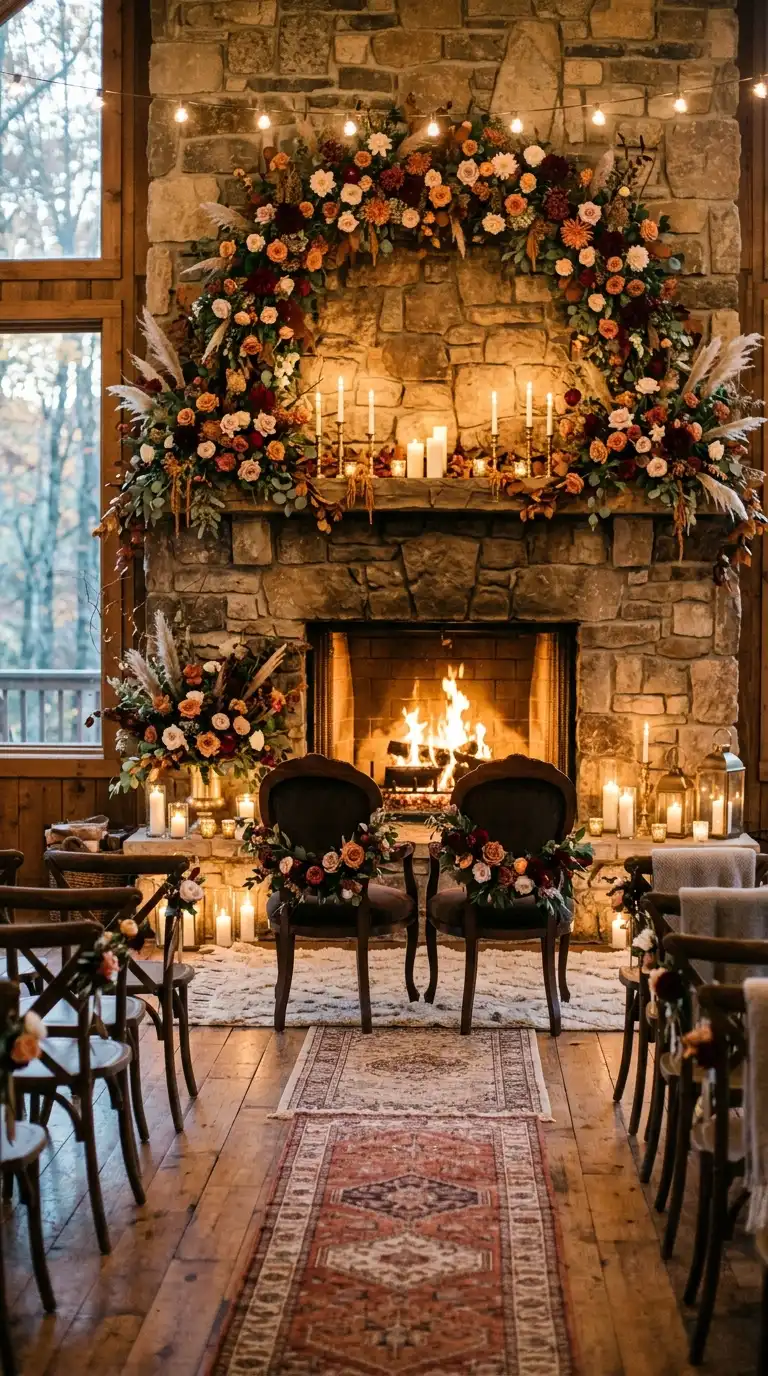 Intimate Fireplace Wedding Ceremony Setup