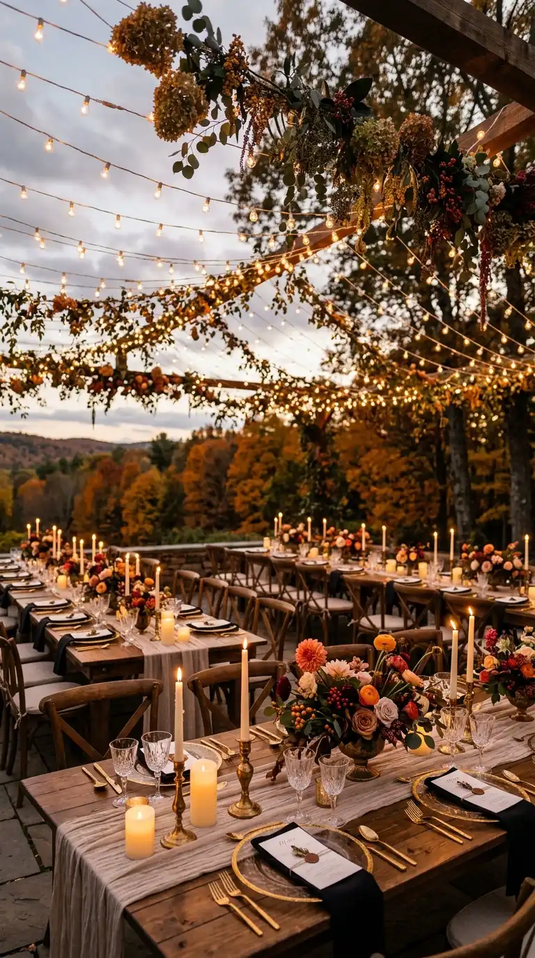 Romantic String Lights Over Reception Tables